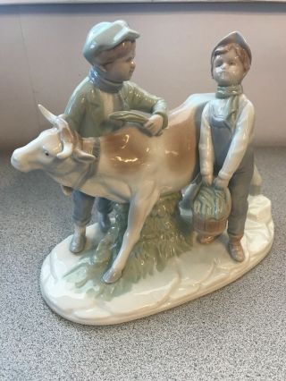 Fine Porcelain Farm Country Milk Cow & Boys Figurine Made In Japan Collectible