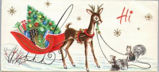 Mcm Sleigh Reindeer Deer Sleigh Squirrel Animal Gift Vtg Christmas Greeting Card