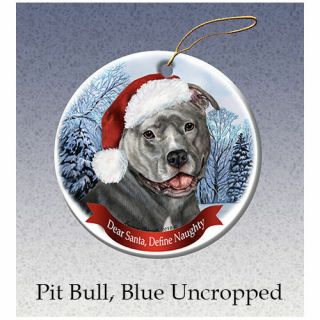 Pit Bull Blue Uncropped Howliday Porcelain China Dog Christmas Ornament