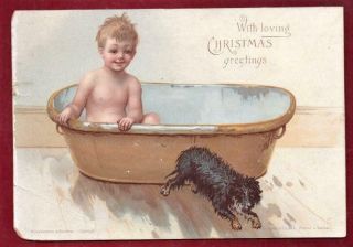 Victorian Boy In Bath With Dog Hildesheimer Faulkner Christmas Greeting Card