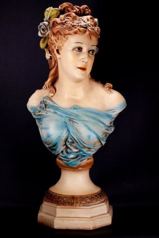 Vintage Art Nouveau Style Painted Plaster Woman Bust Lady Statue