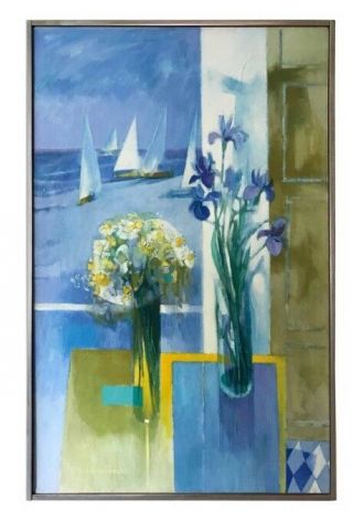 Paul Zimmerman Painting Signed Mid Century Abstract Amethyst Iris & Sea