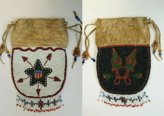 Vintage Native American Leather Beaded Bag / Pouch Patriotic Star Flag