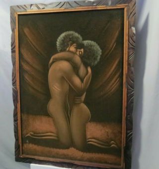 Vintage Nude African American Couple Oil Painting On Black Velvet Framed 29 " X 39