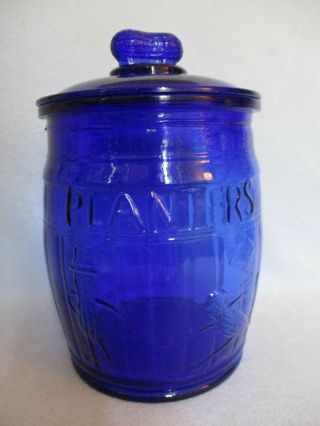 Vintage 11 " Blue Glass Planters Peanuts Barrel Jar With Lid