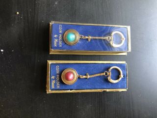 2 Vintage 1950s Keychain Coin Holder Spring Loaded Metal Jeweled Bank