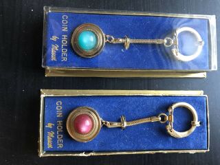 2 Vintage 1950s Keychain Coin Holder Spring Loaded Metal Jeweled Bank 2