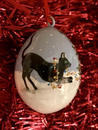Hand Painted Christmas Tree Egg Gourd Ornament Black Cat Snow Glitter Lights