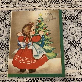 Vintage Greeting Card Christmas Cute Girl Braids Apron Tree
