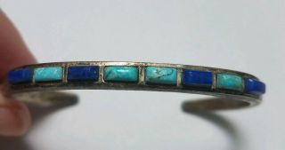 Vintage Navajo Sandcast Sterling Silver Turquoise & Lapis Lazuli Cuff Bracelet