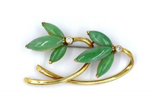 Vintage Trio Green Jade Diamond Leaf Pin Brooch 18k Yellow Gold Designer Signed