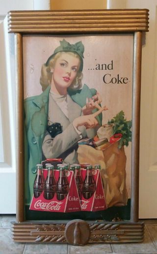 Vintage Wooden Framed Cardboard Coca Cola Coke Soda Sign With Lady Shopping