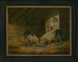 Manner Of George Morland - Late 19th Century Watercolour,  Feeding The Pigs