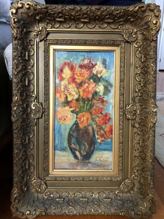 Antique Oil Painting Impressionist Still Life Flowers F.  Vallee Elaborate Frame