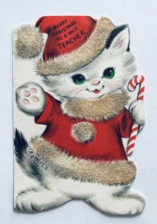 Vintage Hallmark Christmas Card Die Cut White Kitty Cat Candy Santa Hat Glitter