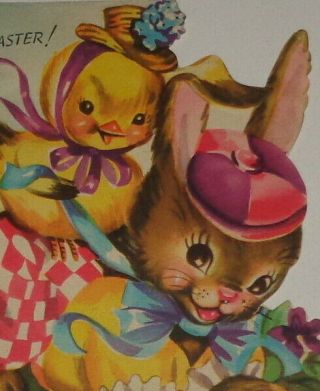 Vintage Greeting Card,  Rabbit Giving Piggy Back Ride To Chick,  5 3/4 "