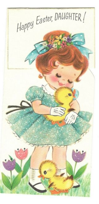 Vintage Rust Craft Easter Greeting Card Sweet Girl Baby Duck 1960 