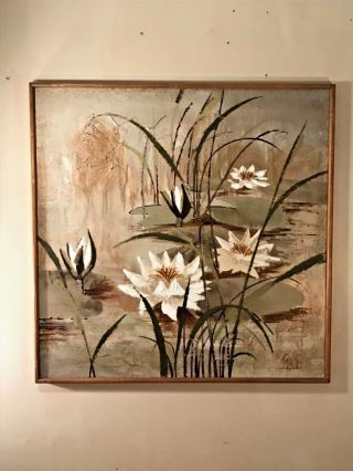 Vtg Lee Reynold Signed 1960s Modernist Oil Painting Lily Pond Landscape