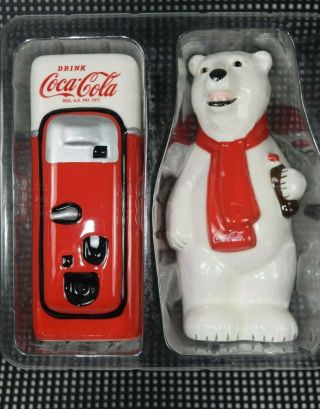 Coca - Cola Salt & Pepper Shakers Polar Bear And Vending Machine Box