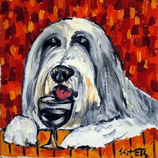 Bearded Collie At The Wine Bar Gift Animal Ceramic Dog Art Tile Coaster