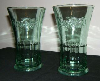 Set Of 2 Coca Cola Glasses Green Libby Flared Vintage Style Vg Cond 16oz