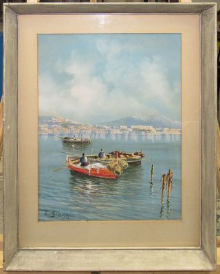 Ettore Gianni Vintage Neapolitan Italian Gouache Boats Bay Of Naples & Vesuvius
