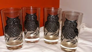 Set Of 4 Vintage Mid Century Owl Embossed Drinking Glasses