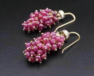 Vintage 18k Yellow Gold Ruby Diamond Cluster Dangle Hook Earrings 1.  25 " Eg1413