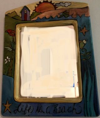 “Life’s A Beach” Signed by Sarah Grant Sticks Folk Art Hand Painted Mirror 1999 2