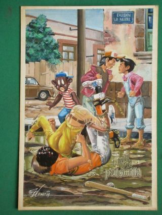 Children Boys Fighting Baseball Bat Negro Boy Mexican Comic Cover Art Signed