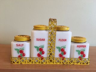 Tipp Usa Milk Glass Shakers Cherry Pattern Sugar Flour Salt Pepper With Holder