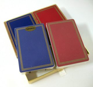 Vtg Congress Playing Cards Set 2 Decks Box Solid Red Blue Gold