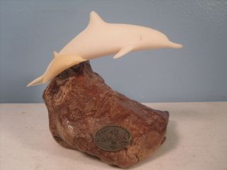 Dolphin & Calf Desk Sculpture Figurine By John Perry Ceramic & Driftwood