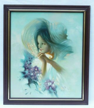 Retro Oil Painting Signed Heston Girl With Flowers Mid Century 1960 