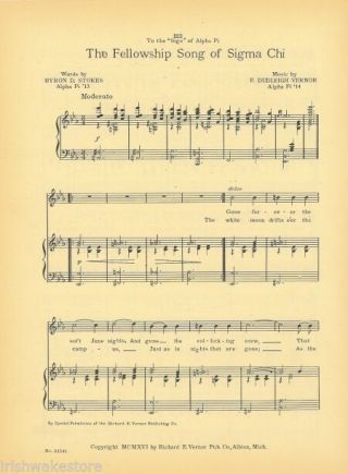 Sigma Chi Fraternity Vintage Song Sheet C1921 " Fellowship Song " - -