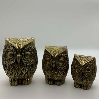 3 Vintage Brass OWLs Birds Of Pray Paperweight Figurines Patina Owlet Tuto 2