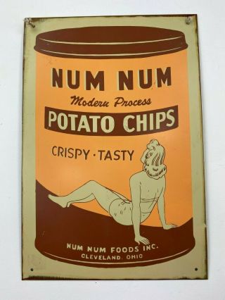 Vtg Retro Num Num Potato Chips Advertising Store Display Metal Sign Cleveland