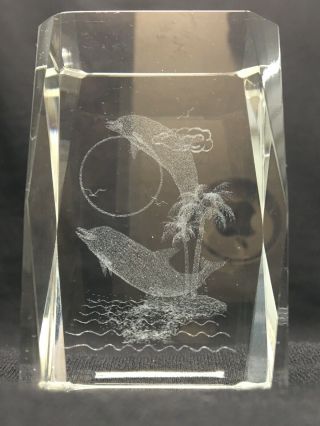 Crystal Glass 3d Laser Etched Hologram Paperweight Dolphins Island Palm Tree Sun