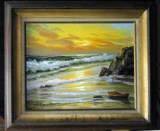 Vintage Stevens Oil Painting Canvas Seascape Wood Frame Amer Plein Air