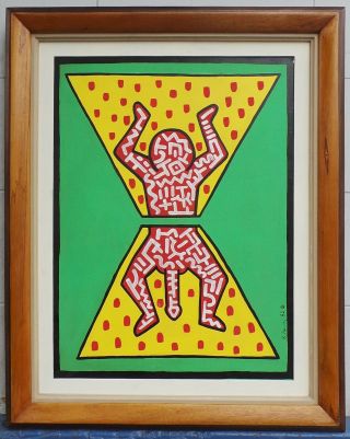 Oil On Canvas Keith Haring 1985 With Frame In Golden Leaf