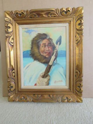 Alaskan Artist Goodale Oil Painting - Eskimo With Harpoon