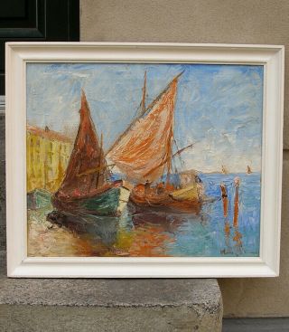 Jens Kongshammer (1884) Ships In Harbor.  Venice,  Italy.  Post Impressionism.