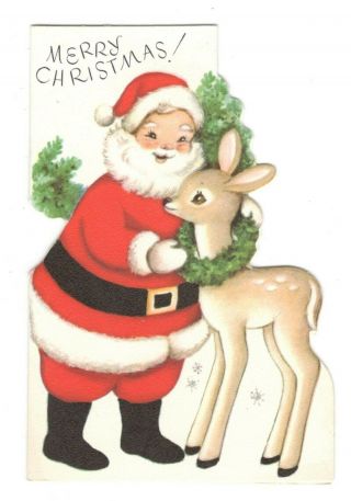 Vintage Rust Craft Christmas Greeting Card Santa Baby Deer Wreath 1950 