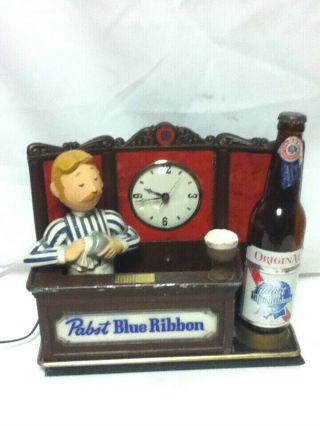 Pabst Blue Ribbon Beer Sign Lighted Bartender Clock Metal Statue Light Vintage