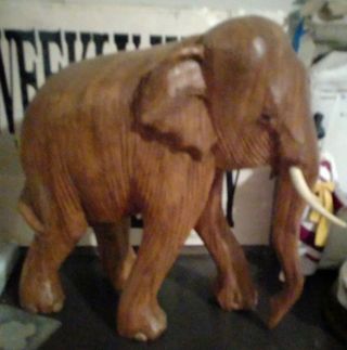 Vintage Hand Carved Wood Wooden Elephant Light Brown With Tusks