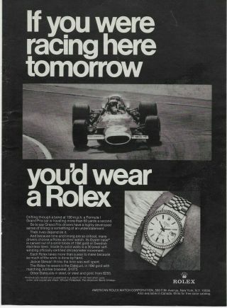 1969 Rolex Datejust 18k Gold Watch F1 Grand Prix Race Car Print Ad