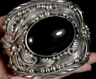 Huge Old Pawn Vintage Navajo Sterling Squash Blossom Black Onyx Bracelet