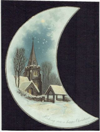 Af Lydon Shaped Victorian Christmas Card Church In Moonlight Snow Hildesheimer