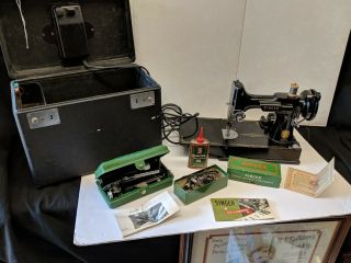Vintage Singer Featherweight Sewing Machine 221 W Case & Attachments