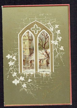 Pretty Victorian Xmas Greetings Card See Through Window Church Scene Embossed